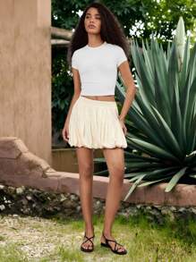 Maija 女式杏色弹性腰部褶皱下摆休闲别致简约舒适波西米亚风格海滩度假裙夏季