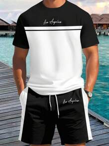Manfinity Homme 男士字母印花圆领短袖休闲T恤和抽绳腰短裤套装 - 彩色 - 查看 1