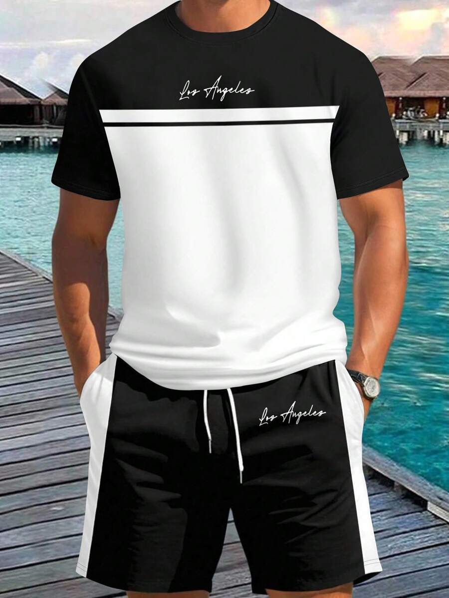 Manfinity Homme 男士字母印花圆领短袖休闲T恤和抽绳腰短裤套装 - 彩色 - 查看 1