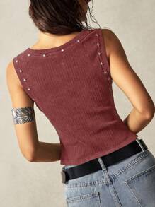 SHEIN BohoFeels Women Plain Knitted Pentagram Crew Neck Fitted T-Shirt - Red - View 2