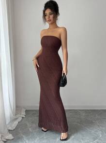 Chiquease Elegantes Palast-Abendkleid für Damen mit Spitze, trägerloses, gerafftes Taille Sommerkleid, Maillard Stil Sommer Braunes Kleid, Ausgehkleid - Kaffeebraun - Übersicht 6