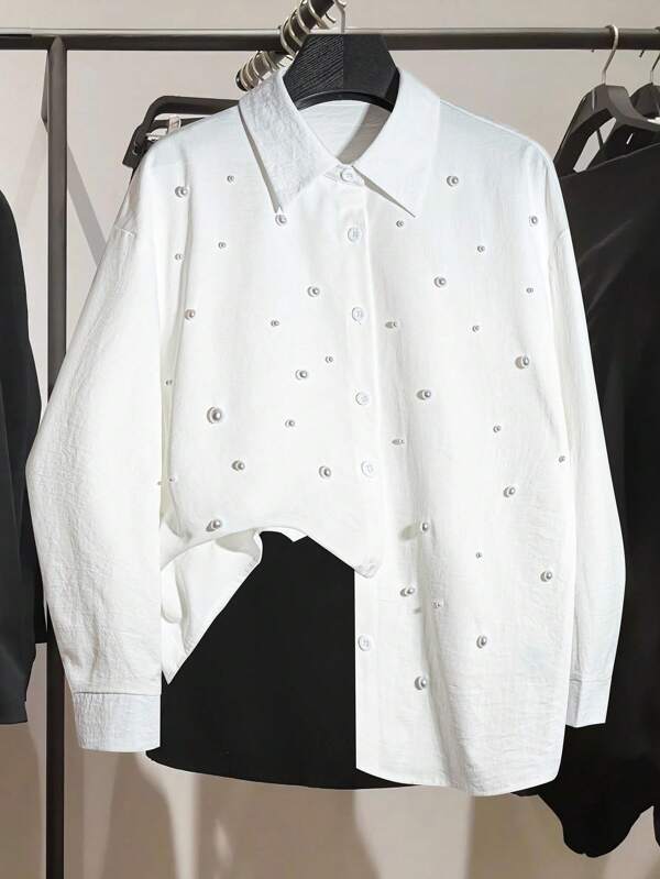 Franclia Camisa elegante de cor sólida com detalhes em pérolas para viajante