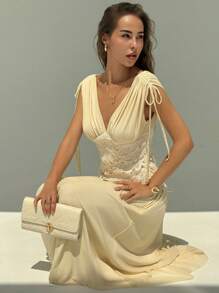 Aloruh Đầm dài vai buộc dây cổ chữ V phối ren họa tiết chắp vá mùa hè cho nữ - Màu be - Xem 7