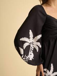 CAJUNI 女式波西米亚风格椰子树印花，扭纹前泡泡袖黑色沙滩度假迷你连衣裙 - 黑與白 - 查看 4