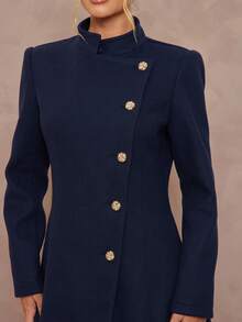 Lumalex Fall Winter Gathering Party Banquet Modest Old Money Coquette Glitter Holiday Party Rave Festival Outing Vacation Hot Outdoor Richly Layered Wedding Season Banquet Coming Of Age Ceremony High Collar Shoulder Pad Long Sleeve Asymmetrical Metal Button Decor Cinched Waist Flare Hem Long Woolen Coat For Women Luxury Prom ID Al-Adha Al-Adha Party New Year - Royal Blue - View 9