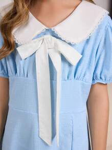 Vestido casual lindo con mangas abullonadas, bloque de color y decoración de lazo para niñas preadolescentes en verano - Azul - Ver 3