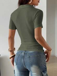 StreetHx Women Solid Color Metal Decor Pocket Slim Fit Short Sleeve T-Shirt, Spring/Summer - Green - View 2