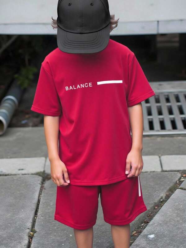 2 Stücke/Set Teenager Jungen Lässig gestreiftes T-Shirt mit Buchstaben Grafik und Shorts Set