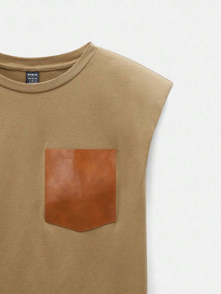SHEIN Maija Khaki Faux Leather Splicing Padded Shoulder Bezrękawnik damski, wygodny przyjazny dla skóry, modny, uniwersalny, dopasowany krój, codzienny, codzienny krój