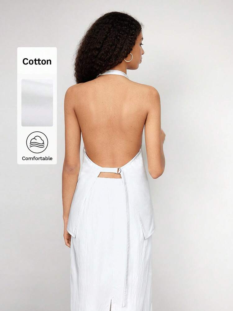 SHEIN Maija Women Backless High Neck Sleeveless Top, Casual Loose Fit Urban Versatile Top With Adjustable D-Ring Decor, Modern Stylish Design For Business Casual, Elegant Soft Fabric