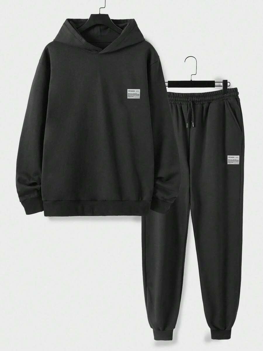 SHEIN Cottnline Cotton Men Letter Patched Hoodie & Drawstring Waist Sweatpants - Dark Grey - View 1