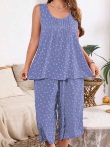 Serenescape 加大码柔软凉爽碎花休闲睡衣套装，亲肤，服装 - 藍色 - 查看 3