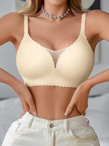 1pc Casual Seamless Mesh Splice Solid Scallop Trim Adjustable Wireless Removable Padded Bra For Women - Beige - View 4