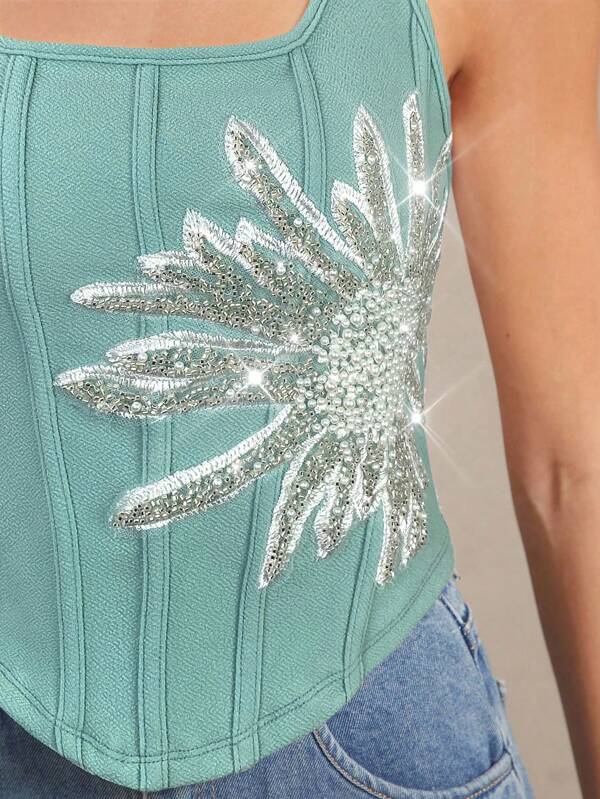 Amorya Women's New Fashion Elegant Sleeveless Shirt With Embroidered Fishbone Pattern