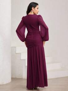 Veilorie Elegant Solid Color Lantern Sleeve Ruched Bodycon Dress - Hot Pink - View 4