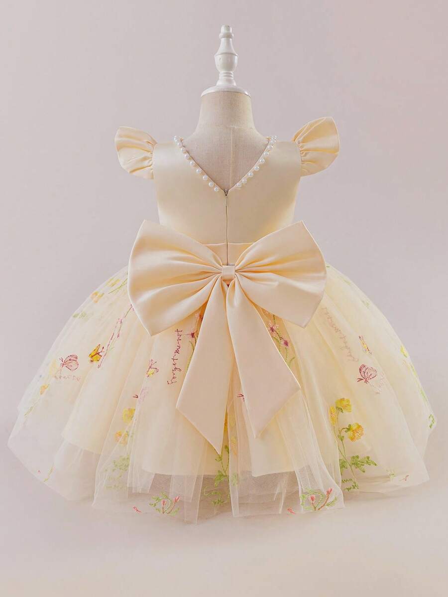 Glamorique Kids 1pc Baby Girls Christening Formal Dress, Flared Sleeves V-Neck Pearl Beaded Embroidered Mesh Ruffle Princess Dress With Raised Cinched Waist Design