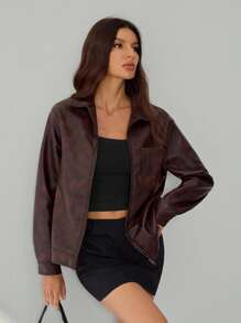 SHEIN Tall 女士纯色拉链休闲百搭长袖夹克，棕色仿皮斑驳纹理夹克，复古冬季夹克 - 咖啡棕 - 查看 6