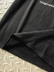 SHEIN Teenager Boys' Casual Street Fashion Text Logo Print Solid Color Comfortable Crew Neck Short Sleeve T-Shirt, Suitable For Commuting, School, Casual, Travel, Sports, Spring/Summer Tshirt For Teens Black Graphic Tshirt Black Tshirt - Black - View 7