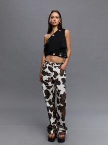 TypaGal 女式复古奶牛印花图案长裤 - 彩色 - 查看 5