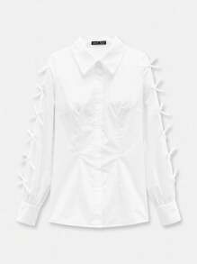 Maija Women's White Shirt With Side Slit Multiple Bow Decorative Design, Summer Dress Shirt With Stylish, Elegant, Versatile, Comfortable Fit, Long Sleeve, Side Slit, Multiple Bow Decor, Vintage Music Festival Casual Attire, Romantic, French Chic, Sophisticated, Understated, Graceful