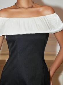 Chiquease Áo cánh nữ dáng chữ A xẻ tà màu tương phản, hở vai, ôm eo, thanh lịch - màu đen - Xem 3