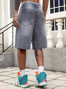 ROMWE MEN Street Life Men's Casual Summer Rhinestone Washed Distressed Denim Shorts - Grey - View 3