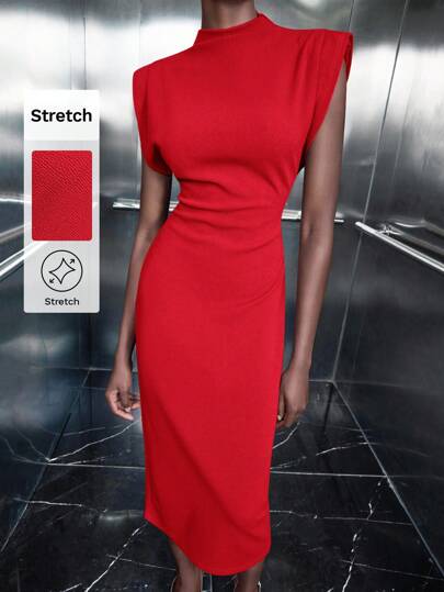 Maija Women's Bright Red Wide Shoulder Versatile Elegant Modern Fitted Dress, Sleeveless Pullover Design With Hidden Zipper Back, Mid-Length Slit Hem, Comfortable And Warm, Suitable For Business Casual Occasions Business Casual Women's Wear, Office Wear, Low-Key Old Money Style, Effortless Temperament, High-End Urban Commuting, The Same Style As The Editor-In-Chief Of The Magazine, Urban Social Vacation Party Wear, Charming, Low-Key And Durable Basic Style, Versatile And Not Picky Clothing