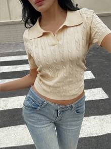 Flirla 女士扭绳高领短袖针织上衣 - 黄色 - 米色 - 查看 5