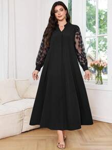 SHEIN Najma Women Stand Collar Lantern Sleeve Blouse, Loose Fit Luxury Embroidery Sequins Beading Patchwork Elegant Dress, Plus Size, Arabic Style