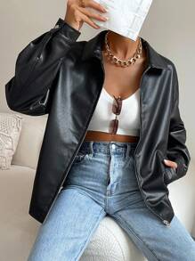 SHEIN EZwear Plus Size Dropped Shoulder Zip-Up PU Solid Color Casual Short Leather Jacket, Versatile For Spring & Autumn Zip Up Cropped Jacket Faux Leather Jacket Cropped Leather Jacket Jacket Y2k,Fall Women Clothes,Fall Clothes For Women Winter