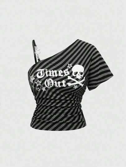 J-Fashion Vintage Punk Totenkopf Muster Bodycon Träger Schwarz und Grau gestreiftes Damen T-Shirt