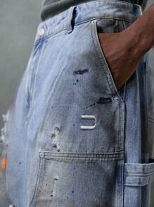 NEON BLANC Men's Washed Distressed Wide Leg Denim Shorts - Blue - View 4