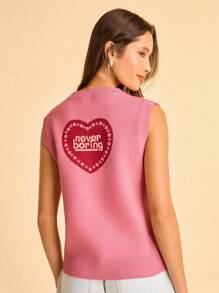 CAJUNI 女式休闲心形图案无袖针织背心，秋冬轻薄款