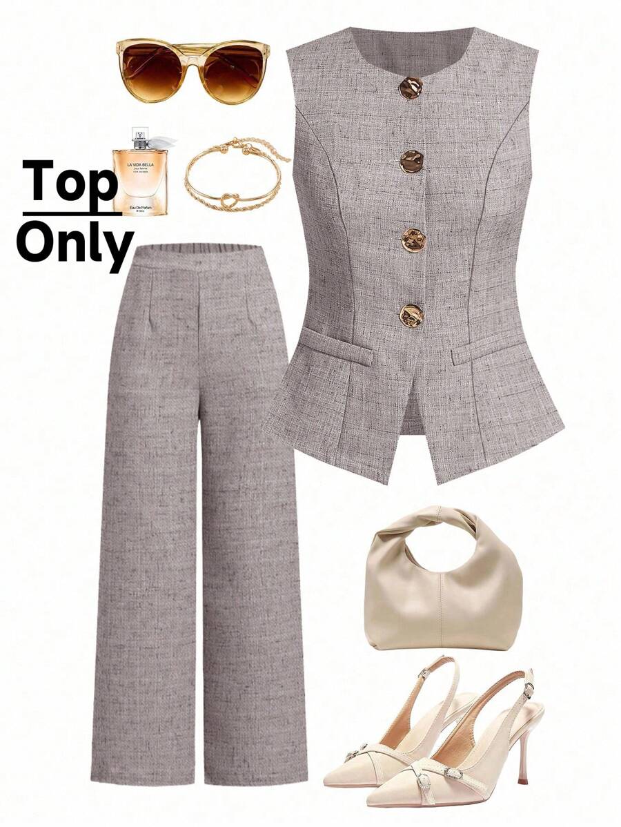 Gownix French Style Women Business Casual Sleeveless Waistcoat With Metal Buttons, Work Wear - Grey - View 1
