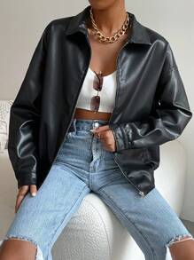 SHEIN EZwear Plus Size Dropped Shoulder Zip-Up PU Solid Color Casual Short Leather Jacket, Versatile For Spring & Autumn Zip Up Cropped Jacket Faux Leather Jacket Cropped Leather Jacket Jacket Y2k,Fall Women Clothes,Fall Clothes For Women Winter
