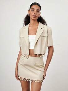 Maija 2025 Summer New Women's Short Sleeve Blazer Jacket, Elegant Vacation Music Festival Mother's Day Modern Office Casual Beach Resort Bohemian Beaded Hem Design - Khaki - View 4