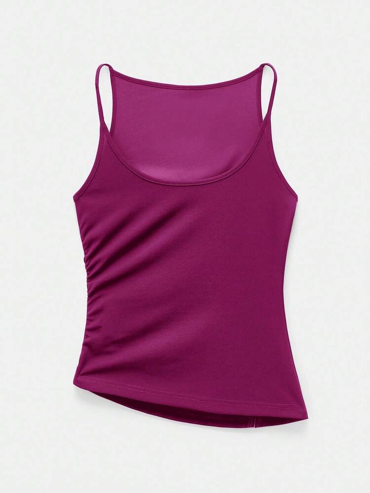 SHEIN Maija Women's Fuchsia V-Neck Asymmetric Ruched Hem Cropped Tank Top, Casual Solid Color Top For Autumn