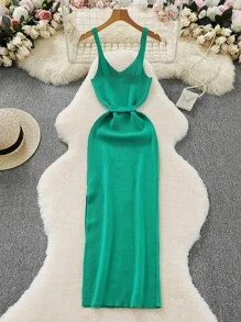 Franclia Solid Color Camisole Dress, Bodycon Knit Fabric, Suitable For Holiday & Work Knitted Sweater Clothes For University