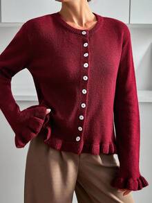 EURMUSE Women's Solid Color Drop Shoulder Long Sleeve Single-Breasted Casual Knit Cardigan Red Cardigan Women Burgundy Cardigan Sweater Ruffle Cardigan Womens Fall Sweaters Womens Winter Sweaters,Petite Cardigans,Cardigans - Burgundy - View 3