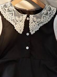 SHEIN Vestido holgado de línea A con mangas abullonadas, estilo collar, adecuado para salidas, vacaciones, vuelta al colegio, uso casual para niñas - Negro - Ver 4