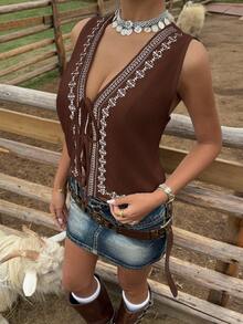 Comfortcana Women's Geometric Print Tie Front Sleeveless Casual Vacation Shirt Brown Tie Front Vest Boho Vest - Brown - View 7