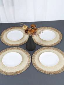 SHEIN 1 件/4 件/6 件/8 件卡其色/米色圆形编织藤条双色流苏餐垫，耐热防滑厨房餐桌垫，隔热垫，派对晚宴餐桌装饰