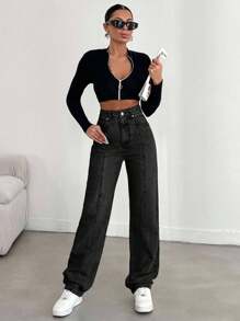EURMUSE 100%Cotton Solid Color Straight Leg Jeans - Black - View 6