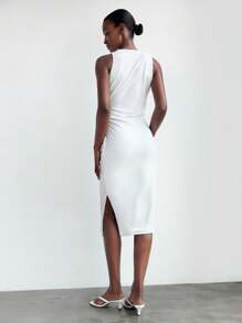 Maija Women's White Hollow-Out Design Dress, Versatile City Casual Modish Fashion, Comfortable Fitted With Front Split Cutout Minimalist Round Neck Sleeveless Business/Office Attire, Low-Key Elegant Urban Commuter Style, Match For Magazine Editor Pick, Social Events & Vacation Business Casual Women's Wear, Office Wear, Low-Key Old Money Style, Effortless Temperament, High-End Urban Commuting, The Same Style As The Editor-In-Chief Of The Magazine, Urban Social Vacation Party Wear, Charming, Low-Key And Durable Basic Style, Versatile And Not Picky Clothing, Street Fashion Wear, Clothing, Coffee Shop, Relaxed Wear,Business Casual Woman - White - View 6