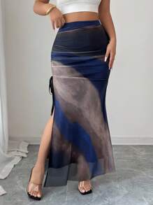 Selianne Váy bút chì dáng ôm in họa tiết tie-dye lưới cho nữ, xẻ tà, có dây rút - Màu xanh hải quân - Xem 3