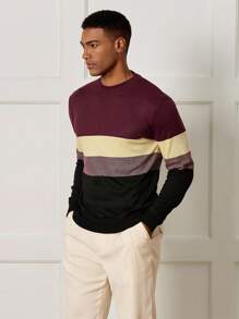 Manfinity Homme Men's Autumn Contrast Color Striped Pullover Knit Sweater - Red - View 3