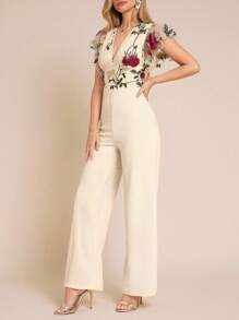 Amorya Elegant Women's V-Neck Mesh Floral Embroidered Ruffle Sleeve Apricot Color Jumpsuit Elegant Jumpsuits Embroidered Jumpsuit Floral Jumpsuit Palazzo JumpsuitAutumn And Winter Women's Clothing