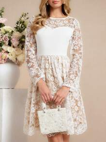 Amorya Vestido midi de manga larga con cintura entallada, bordado de encaje, de nueva temporada de otoño para mujer. De alta gama, estilizador, adecuado para uso diario y diversos eventos