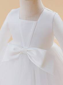 Glamorique Kids Rochie de fetiță cu flori, cu mânecă lungă și decor din satin plasă, cu fundă, din satin, pentru bebeluși, fustă bufantă, tutu, pentru nuntă, ziua de naștere, petrecere, rochie elegantă de înaltă calitate - Bej - Vizualizare 7