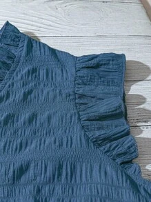 SHEIN LUNE CURVE 大码女式纯色纹理面料 V 领荷叶边小泡泡袖修身休闲常规衬衫 - 霧霾藍 - 查看 4